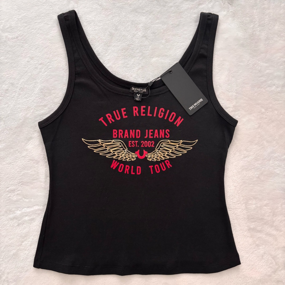 TRUE RELIGION Black Ribbed Wing World Tour Tank Top--NWT--L - Picture 8 of 13